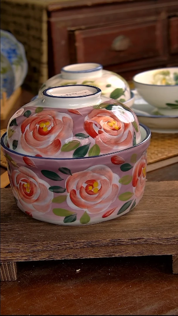 瓷片高白800ml-锤纹炖盅-油画玫瑰