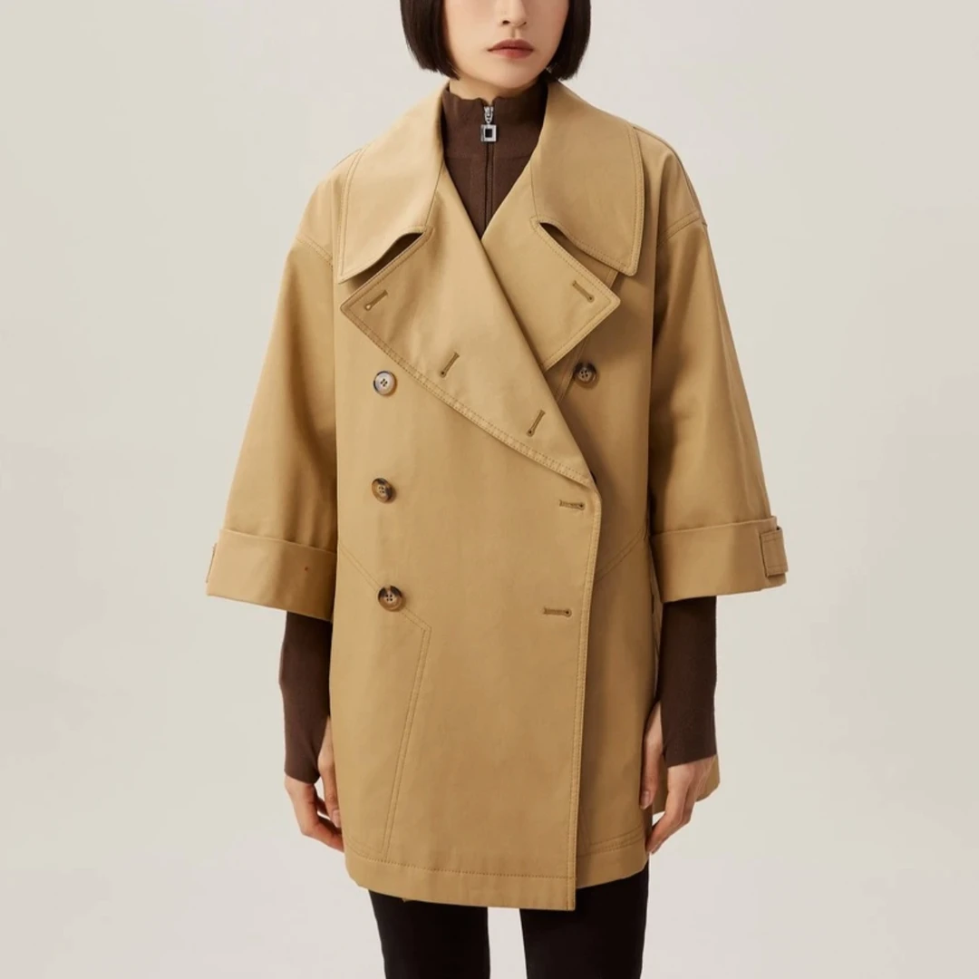 25新款经典气质大翻领双排扣宽松中长款风衣 5400731英伦风设计师
