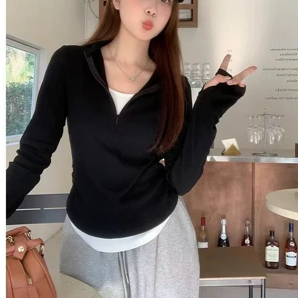 早春新款甜美洋气时尚侧边褶皱拉链圆弧边显瘦减龄百搭上衣6226-M