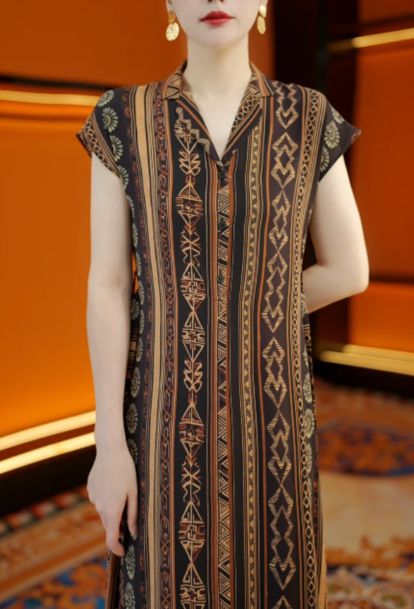 【送腰带】2025小翻领夏季连衣裙复古套头长裙短袖格纹