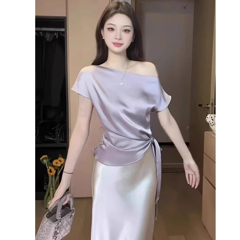 Not defined大码高级感不规则绑带上衣女夏季收腰气质雪纺衬衫