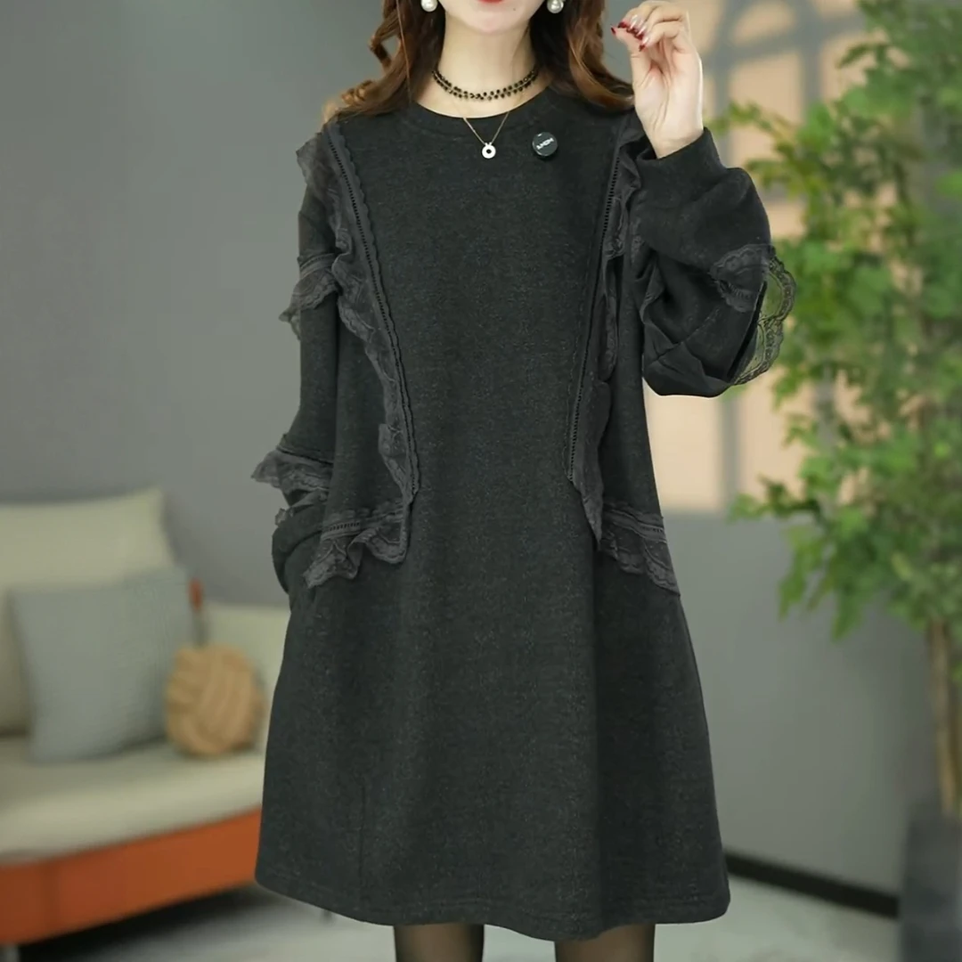 时尚休闲风百搭拼蕾丝连衣裙冬季新款宽松显高显瘦中长卫衣裙潮搭