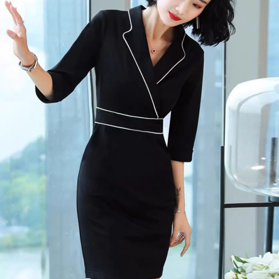 唯琳剪标 3仓P3-10-006款  黑色七分袖V领连衣裙