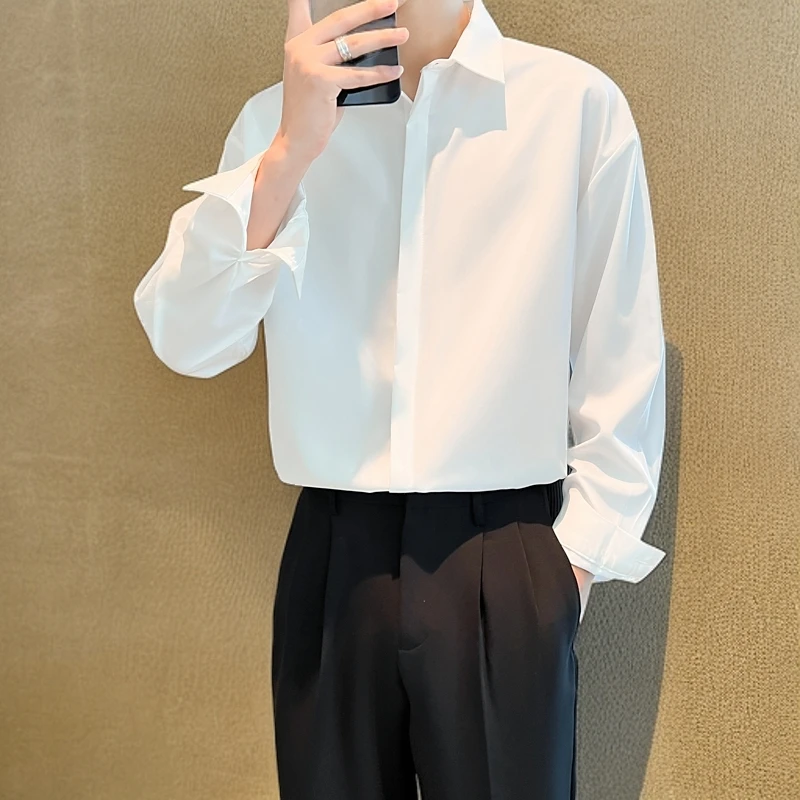 加肥加大号纯色胖人肥佬大肚子长袖衬衫男士宽松商务内搭衬衣外套