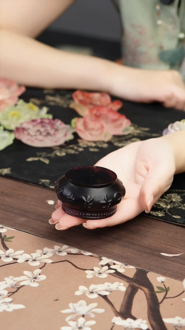 琉璃手工艺品奈*、古法琉璃紫色十二时辰鼓形盖置