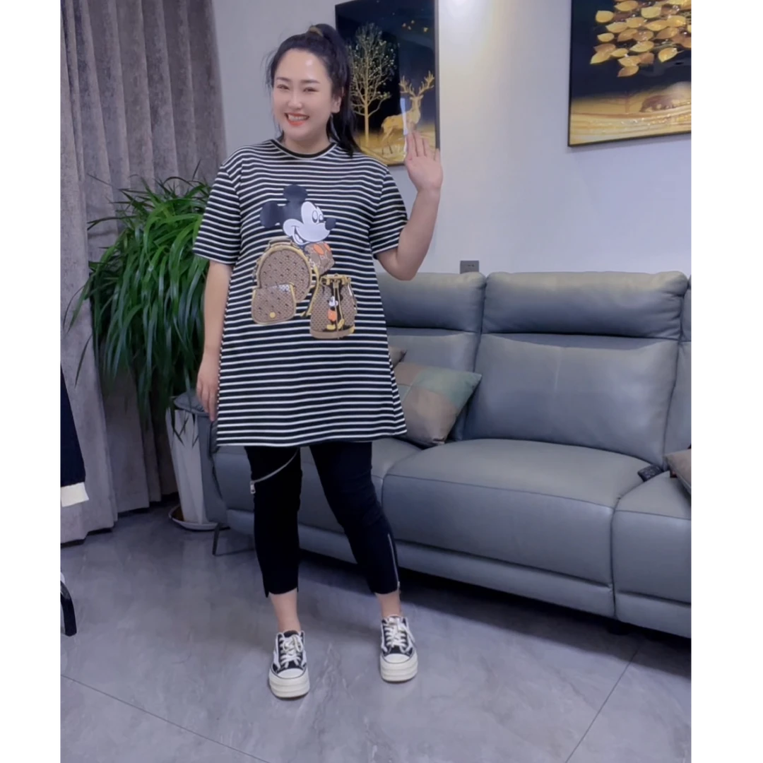 EG大码胖妹妹反正两穿时尚百搭休闲显瘦印图蝴蝶结A字摆中长款007