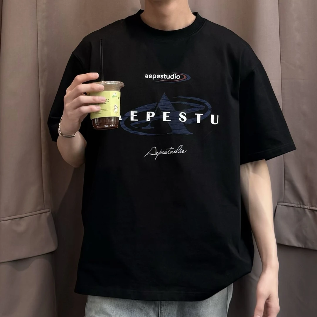 【虚影A字】纯棉t恤男夏季青年高街正肩重磅短袖宽松潮牌百搭半袖