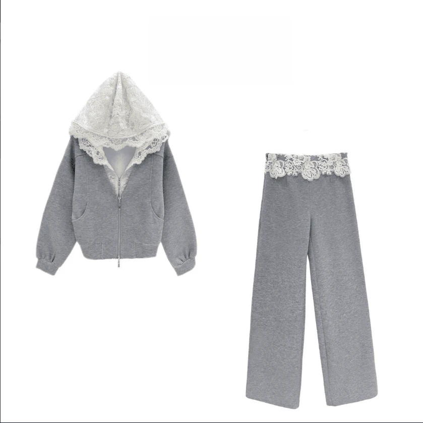 2025春季新款卫衣外套+裤子休闲设计师蕾丝套装10115