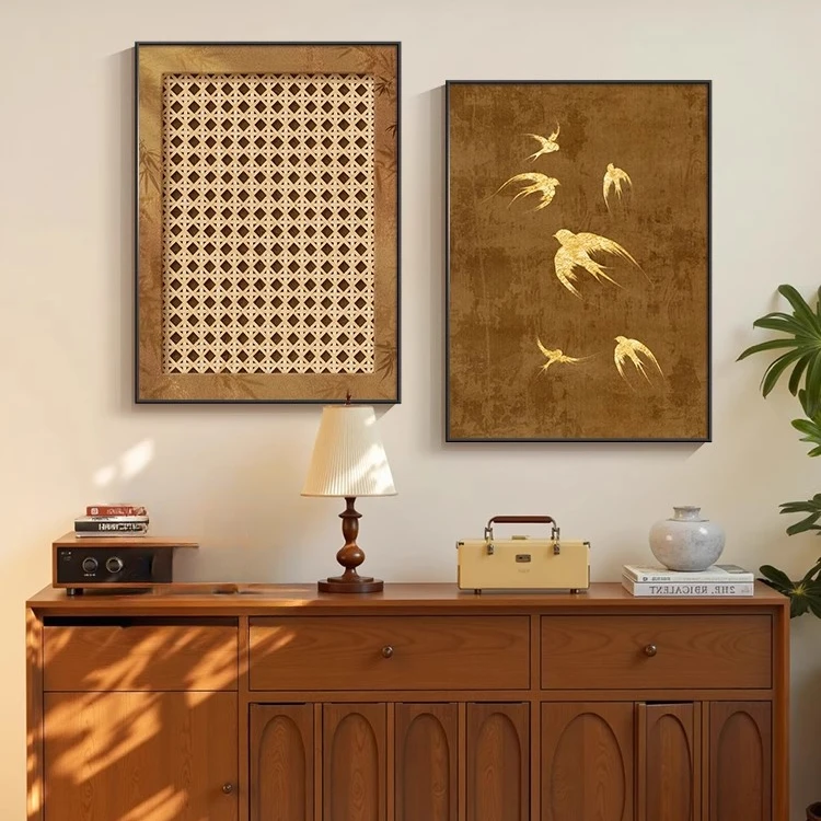 绿色梅花玄关柜斗柜装饰画竹子客厅沙发墙挂画中古风餐厅平面壁画