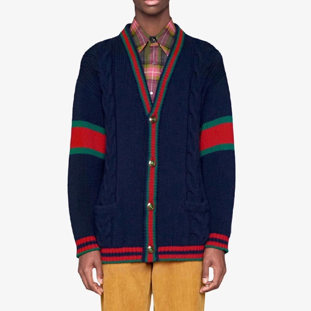 99新 GUCCI/古驰  红绿条纹拼接羊毛针织开衫外套 深蓝色 L码 CS