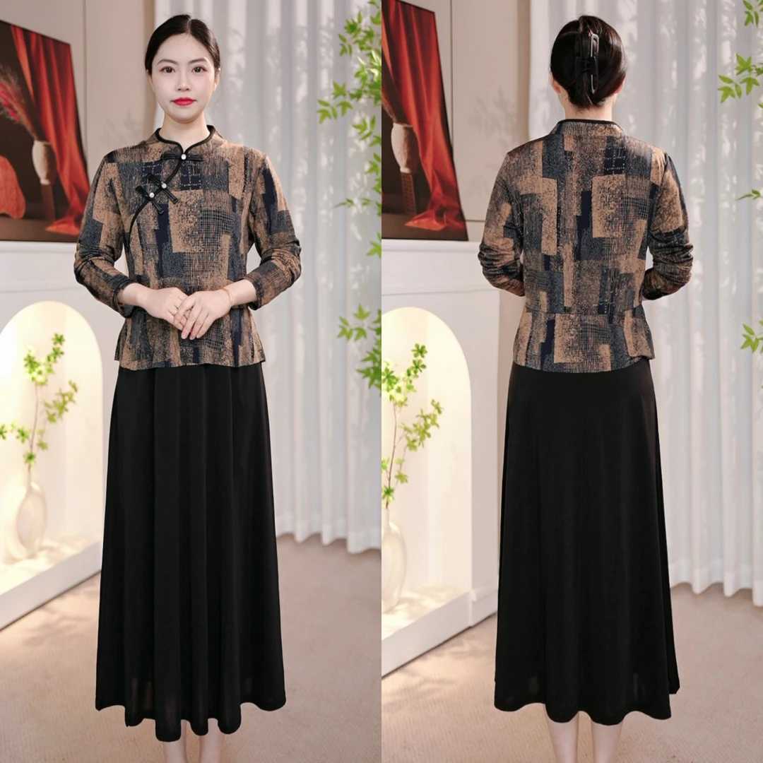 4935春季中式长袖连衣裙新款复古拼接两件高贵旗袍妈妈裙子