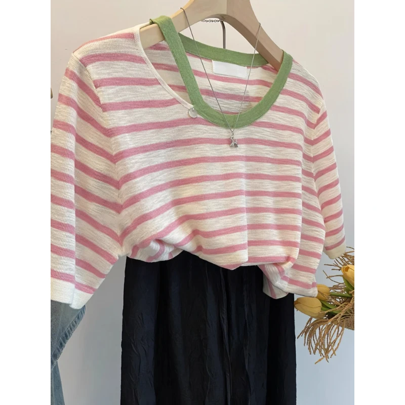 【现货】2025夏季短袖上衣撞色圆领套头镂空露锁骨纯欲打底衫