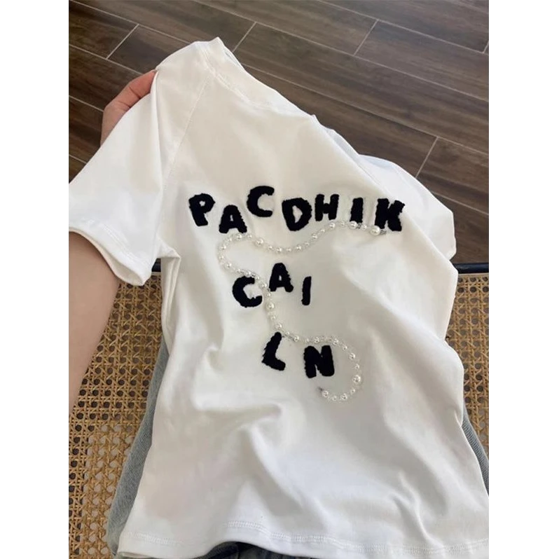 纯棉复古短袖t恤女夏2025新款韩版通勤小众打底百搭春游出行衣服