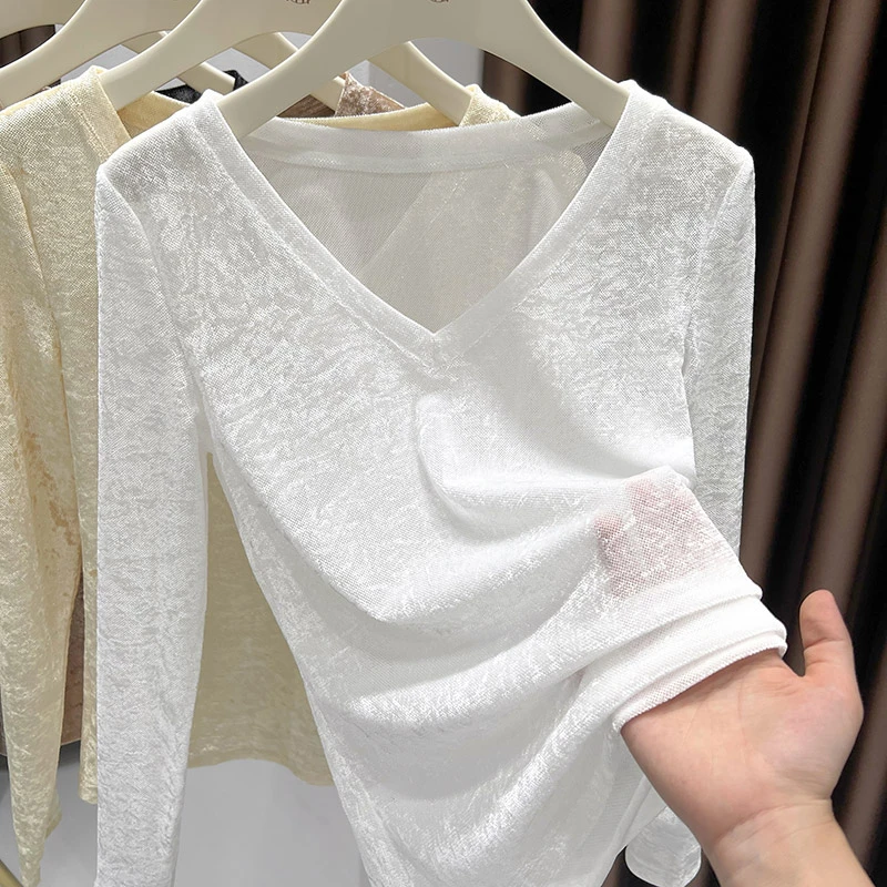 白色简约钻石毛V领T恤上衣女2025秋季爆款内搭薄款时尚百搭打底衫