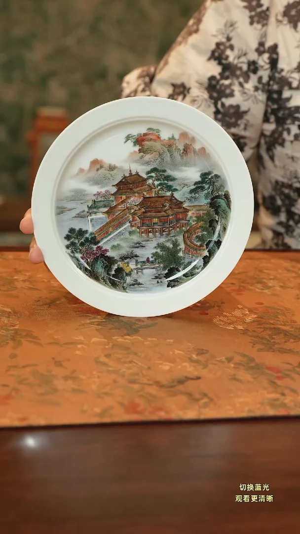 手绘粉彩梁园盛景壶承