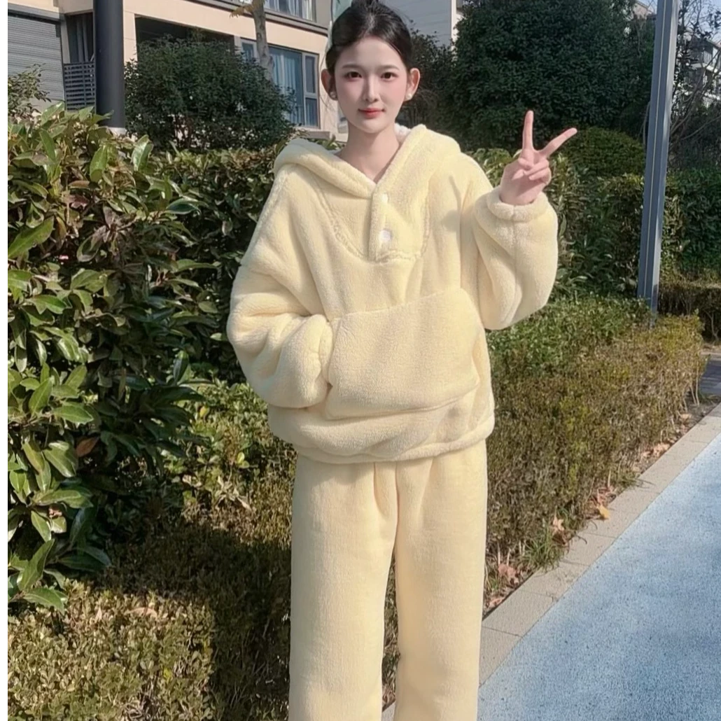【双层加厚】冬季女士新款睡衣休闲保暖连帽套装可外穿家居服1