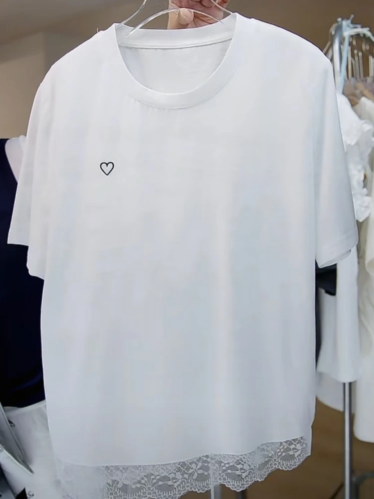 【济州岛1】爱心刺绣蕾丝拼接圆领短袖