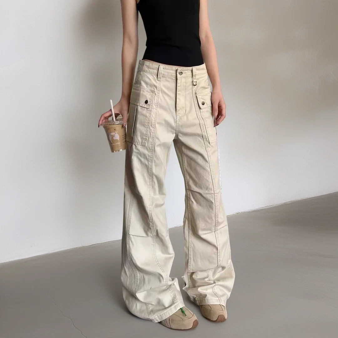 2025新款美式复古多口袋工装裤男直筒微喇立体显瘦水洗休闲长裤子