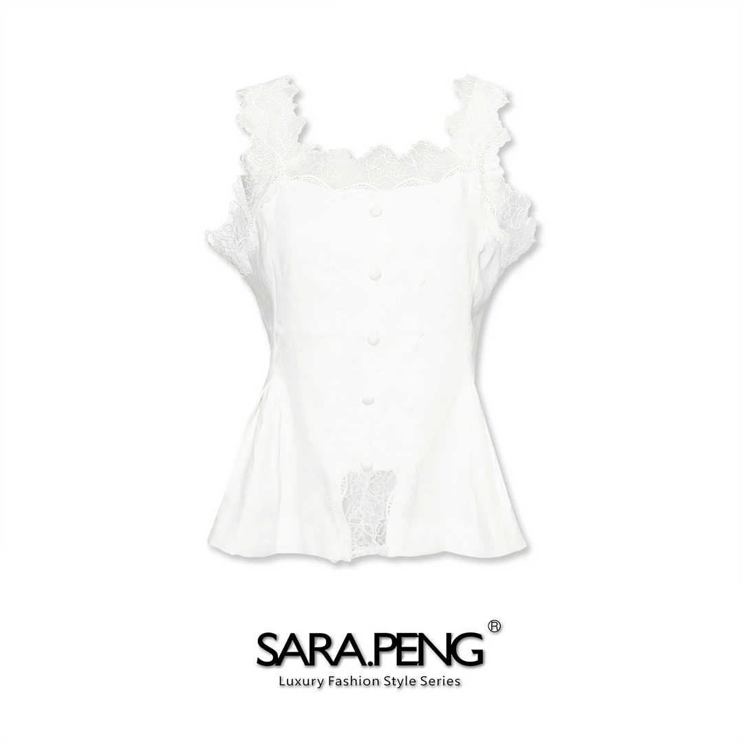 S.PENG半妆美人/高定亚麻拼接蕾丝吊带花边包扣背心百搭马夹上衣