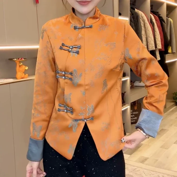 新中式时尚气质中国风斜襟立领重工复古双扣盘扣提花设计3711