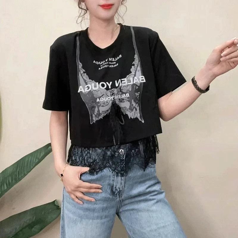 短袖T恤女2025夏季新款韩版时尚小众拼接蕾丝边设计感假两件上衣