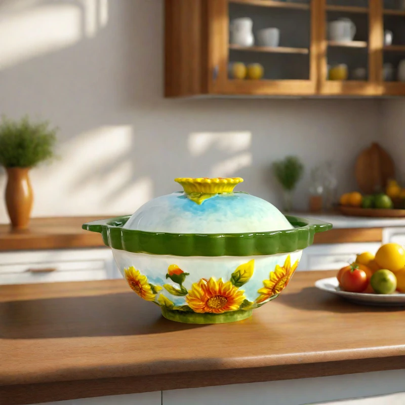 出口外单陶瓷向日葵双耳带盖面碗手绘浮雕釉下彩