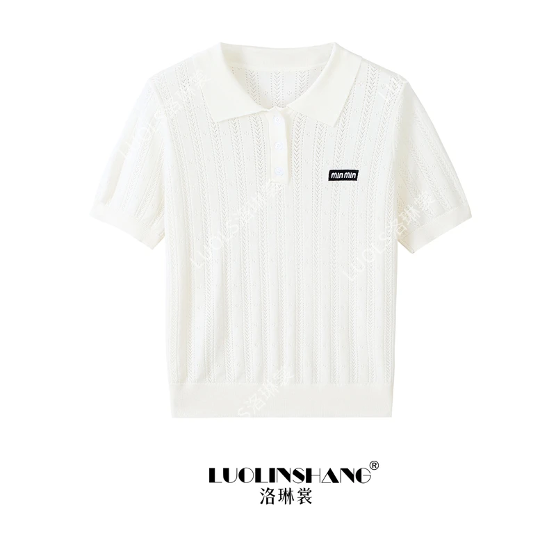 Miu系夏季新款镂空莱塞尔天丝针织百搭休闲运动polo领上衣女1733