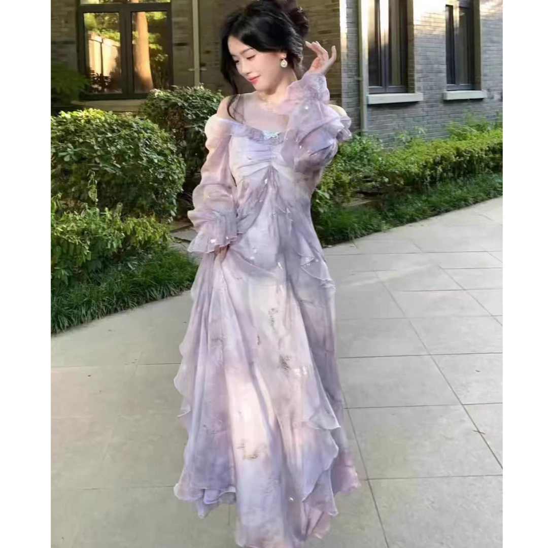 【现货】大码春季氛围感仙女裙子紫蝴蝶荷叶边长袖轻奢连衣裙10830