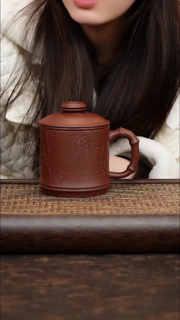 茶杯紫砂底槽青三件套竹节