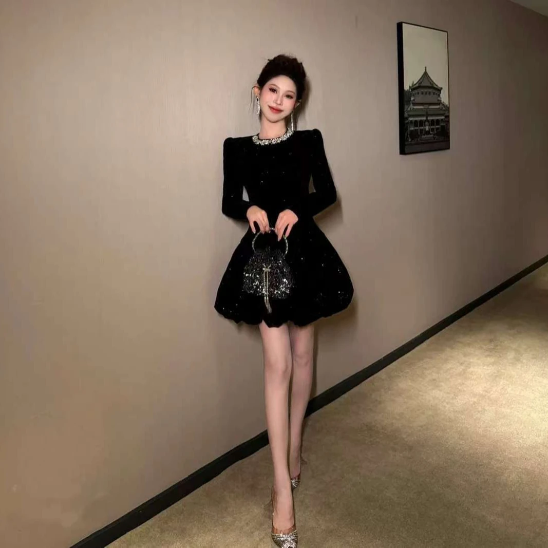 连衣裙蕾丝显瘦气质小个子长袖黑色名媛宴会9938