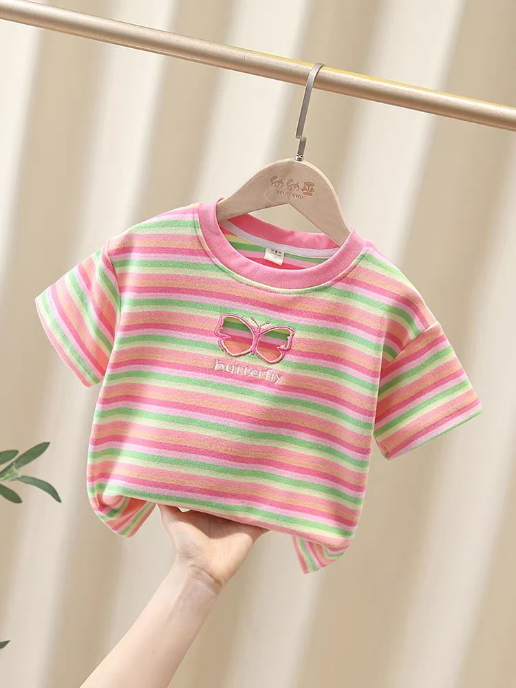 女宝宝夏季短袖洋气2025新款小童圆领条纹韩版夏天女童时髦T恤