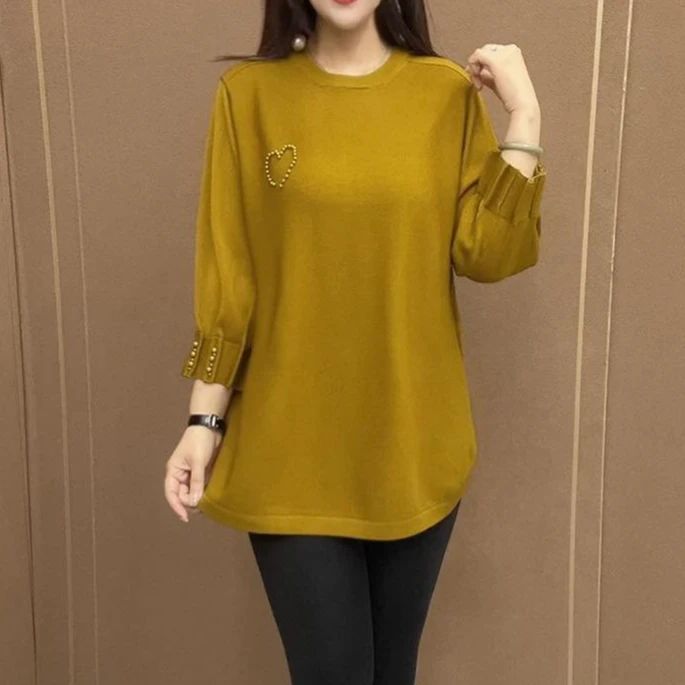 2025秋装新款时尚女士高档设计拼接珠子针织衫洋气九分袖毛衣衫