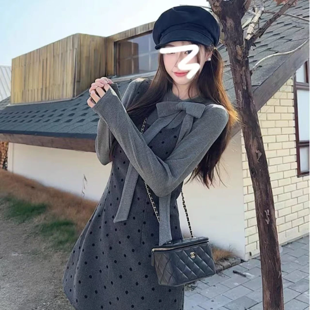 甜美蝴蝶结上衣波点背带连衣裙套装可爱两件套减龄气质韩版修身