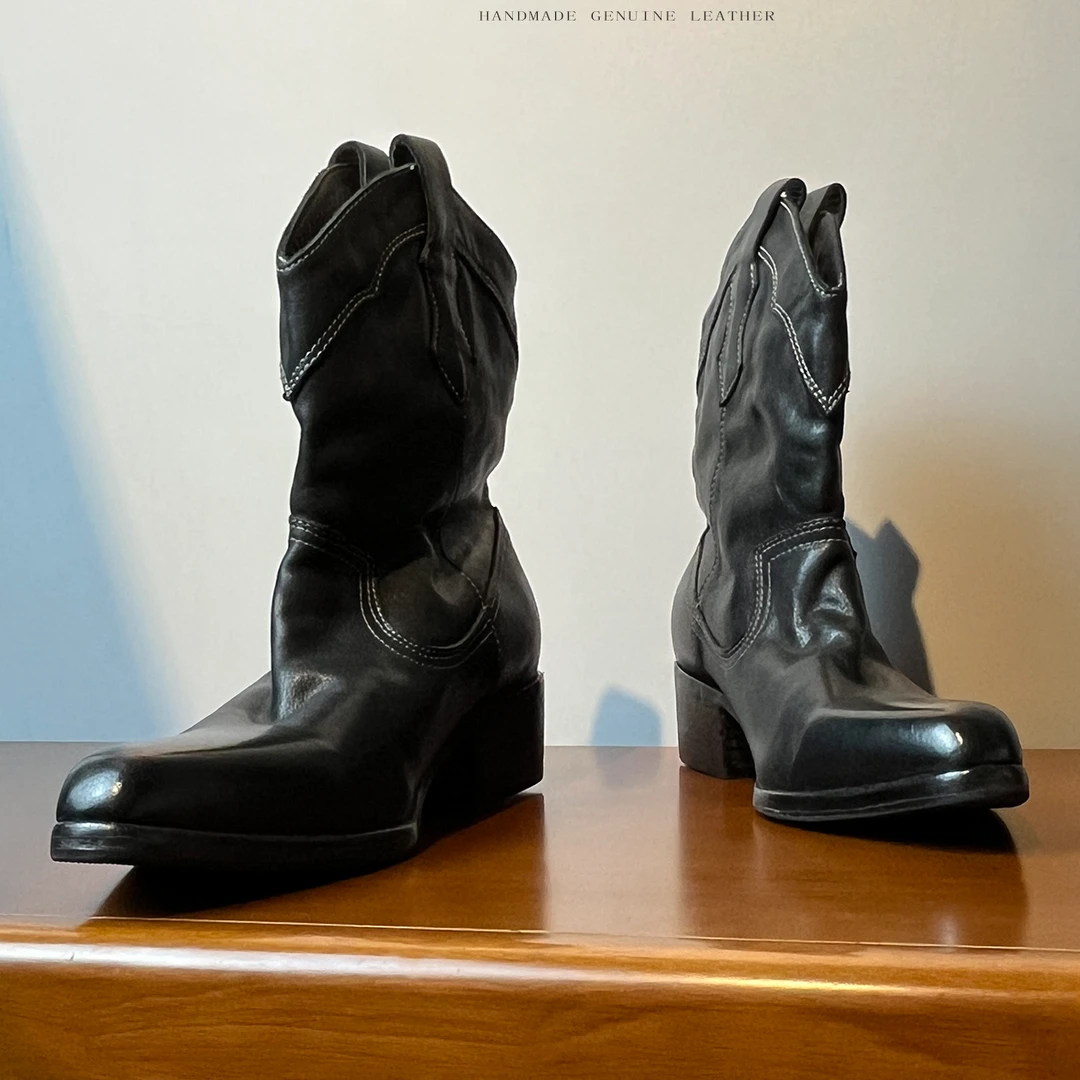 高档意大利水洗马皮黑色复古马丁靴女秋款西部靴牛仔靴英伦短靴潮