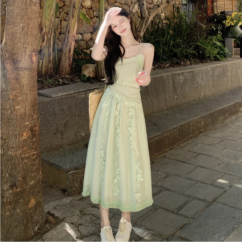 套头吊带长裙女夏季日系白色连衣裙法式温柔复古小众女装吊带裙子