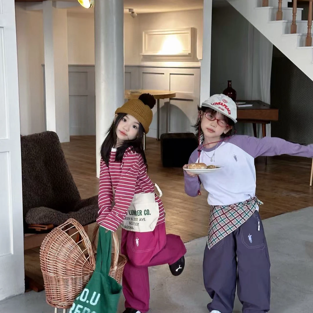 【韩系】儿童25年秋季新品百搭条纹衫撞色插肩袖防风裤三件套