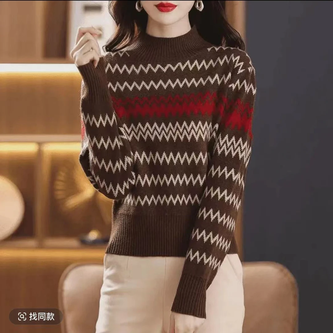 【波浪提花】056半高领波浪提花针织毛衣