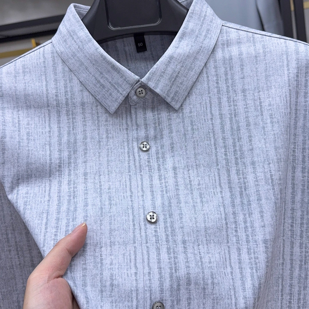 in  cotton sea高档免烫竖条纹绒感长袖秋季爸爸装商务休闲衬衫