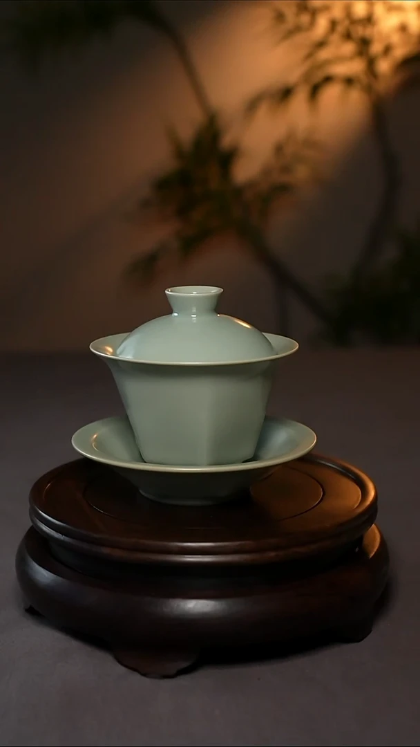 仿古汝官釉原产地六方盖碗