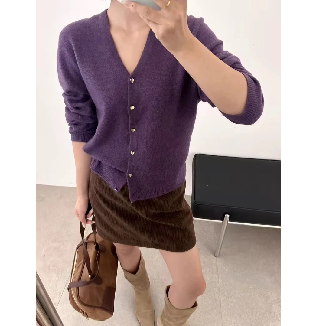 【紫色】秋冬时尚百搭复古宽松开衫蓬松软糯毛衣V领针织衫