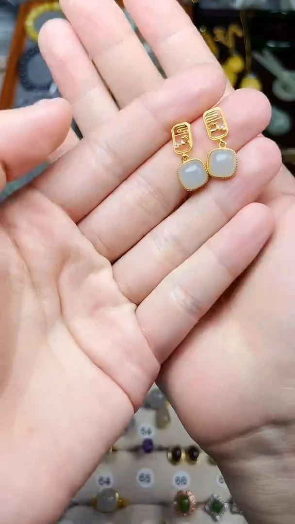 银S925镶嵌和田玉耳饰耳钉 06