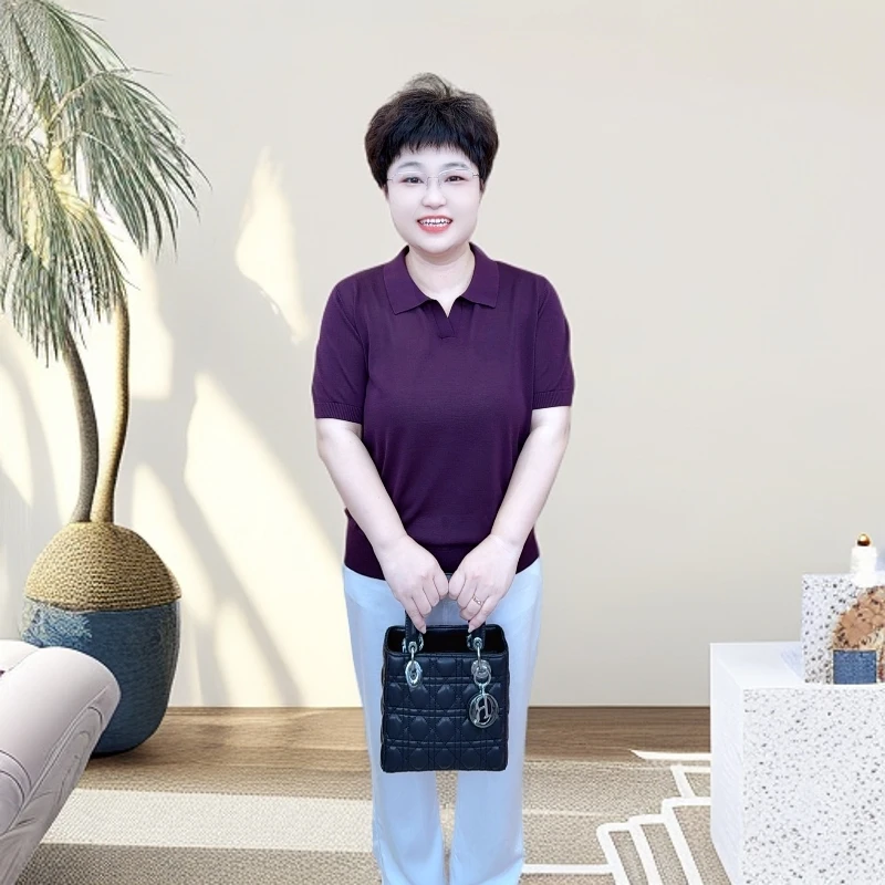 【清爽+透气】夏季兰精天丝短袖(24603)翻领减龄撞色宽松大码女装