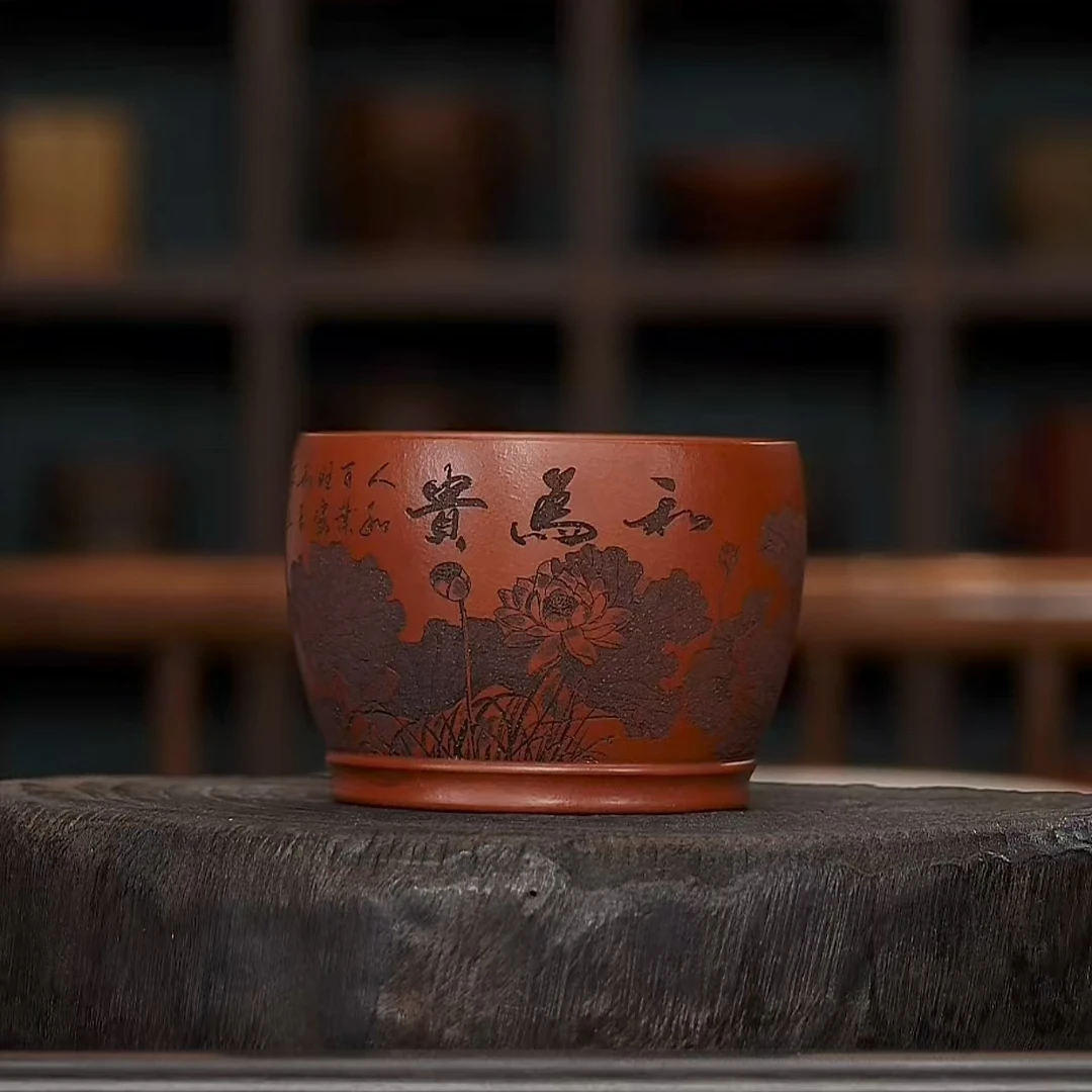2065 | 和为贵荷花刻绘朱泥大红袍手工茶杯
