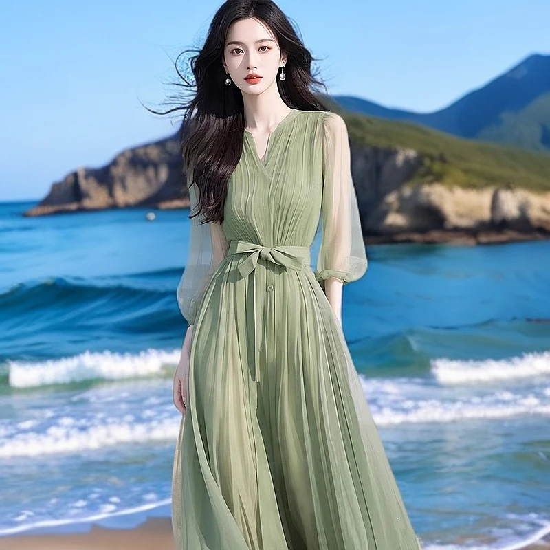 大码绿色雪纺多巴胺连衣裙女夏季新款女神范气质高端精致长袖长裙