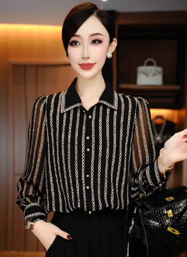 诺诗 新款洋气显瘦优雅轻奢气质印花百搭长袖V24Q0623