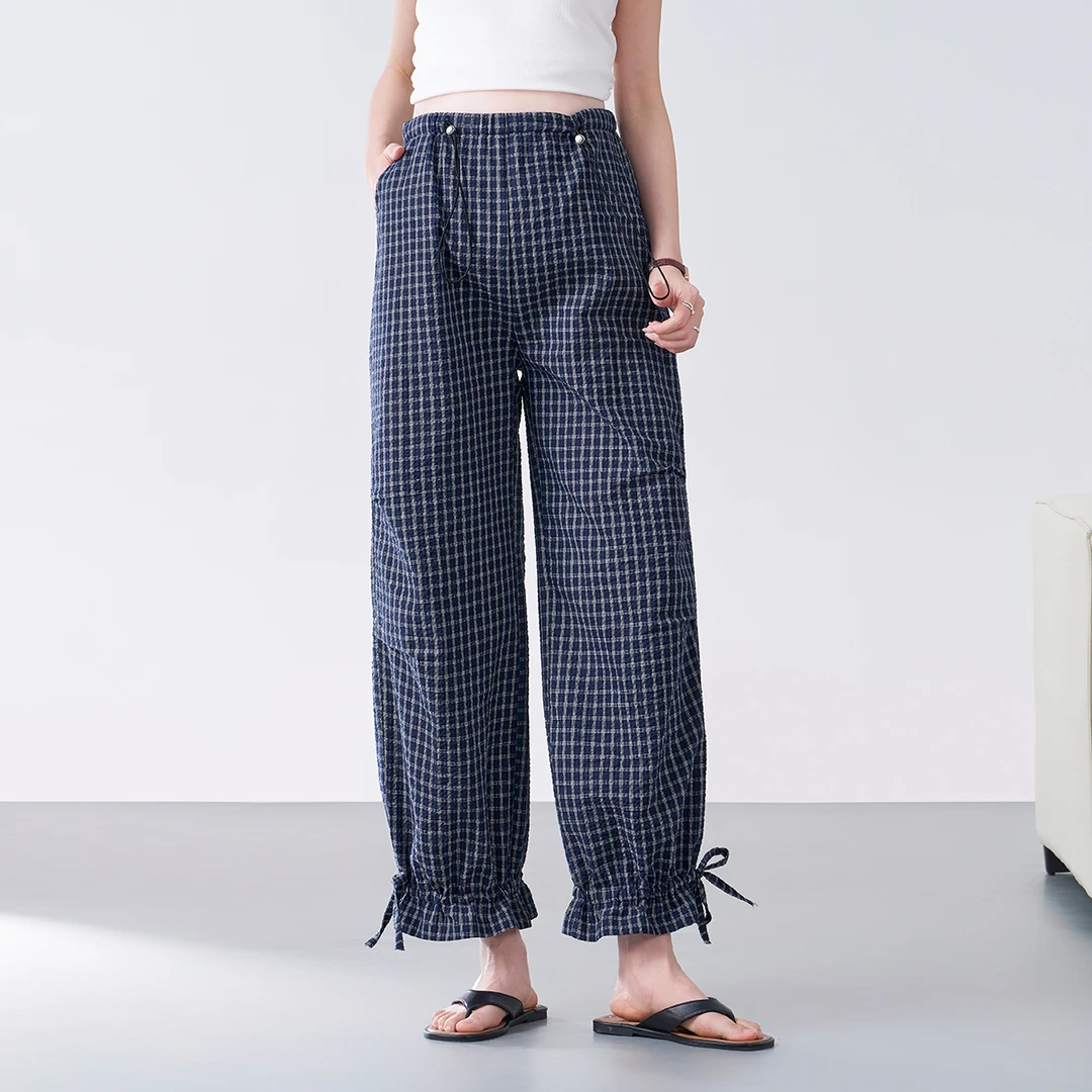 孕妇裤子夏薄款2025新款小个子不勒肚子阔腿格子裤夏装