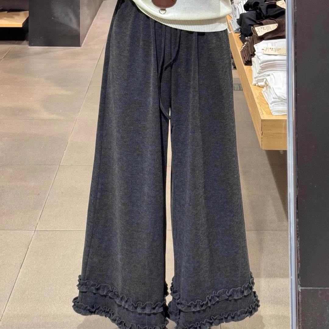 MISU/糜素深灰色花边糯米裤阔腿显瘦大码胖mm小个子巨好看的裤子