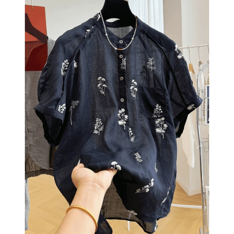 0699别致苎麻重工刺绣短袖衬衫女夏季薄款气质法式小衫洋气上衣