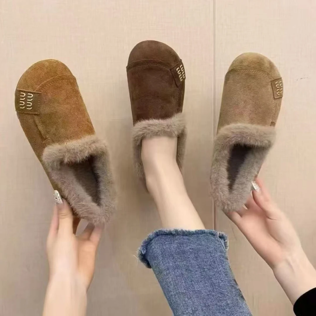 【L】秋冬季新款防滑一脚蹬棉鞋女平底加绒保暖复古豆豆鞋