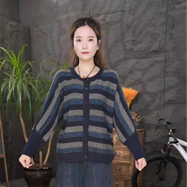 【开衫条纹针织衫】女装长袖秋冬气质宽松针织衫复古百搭上衣